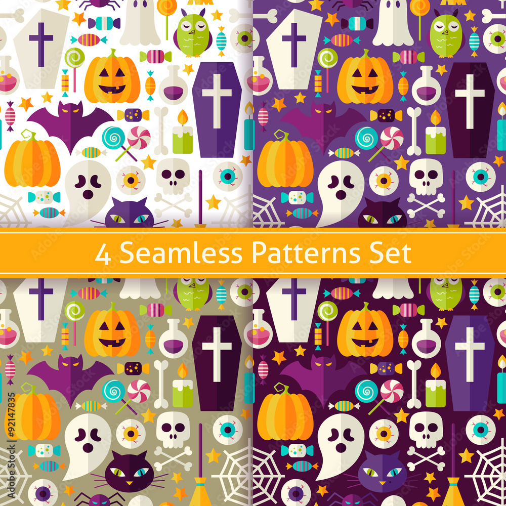Four Vector Flat Seamless Halloween Party Patterns Set Four Vector Flat Seamless Halloween Party Patterns Set