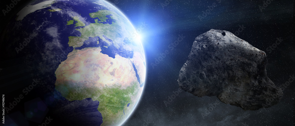Fototapeta premium Asteroids threat over planet earth