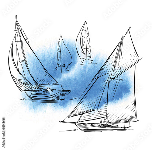 Hand made sketch of yachting and sea.