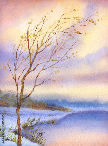 Watercolor landscape. Yellowed tree over snow-covered lake