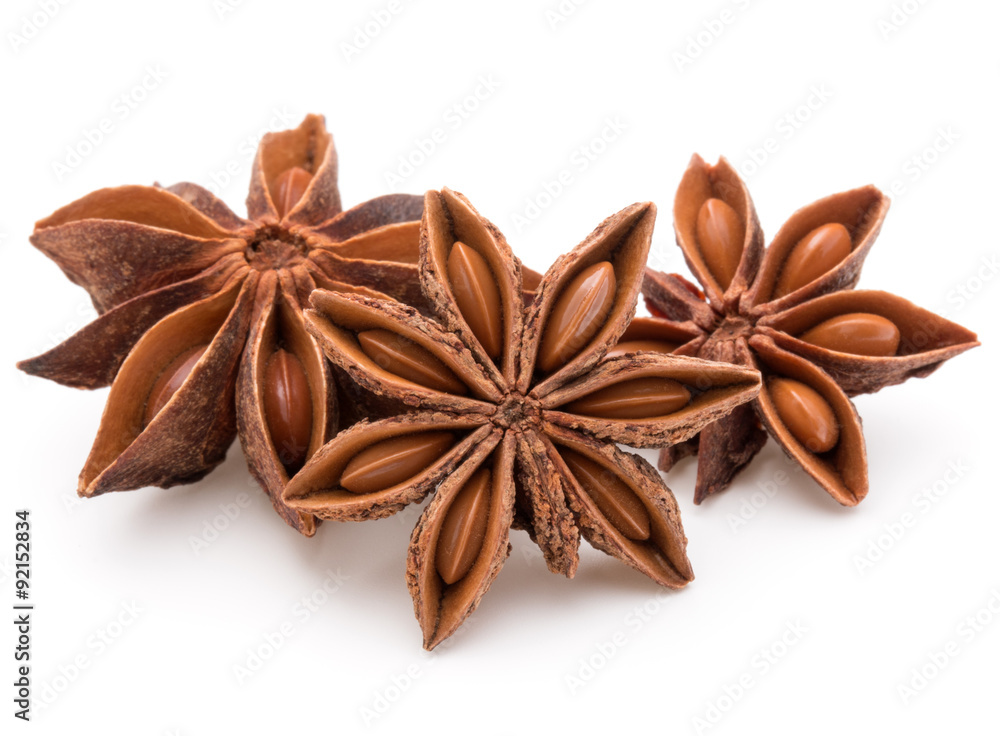 Star anise spice fruits and seeds isolated on white background c Star anise spice fruits and seeds isolated on white background c