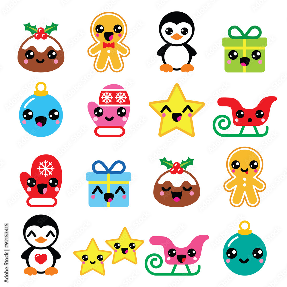 Obraz premium Christmas Kawaii icons - Christmas pudding, penguin, gingerbread man 