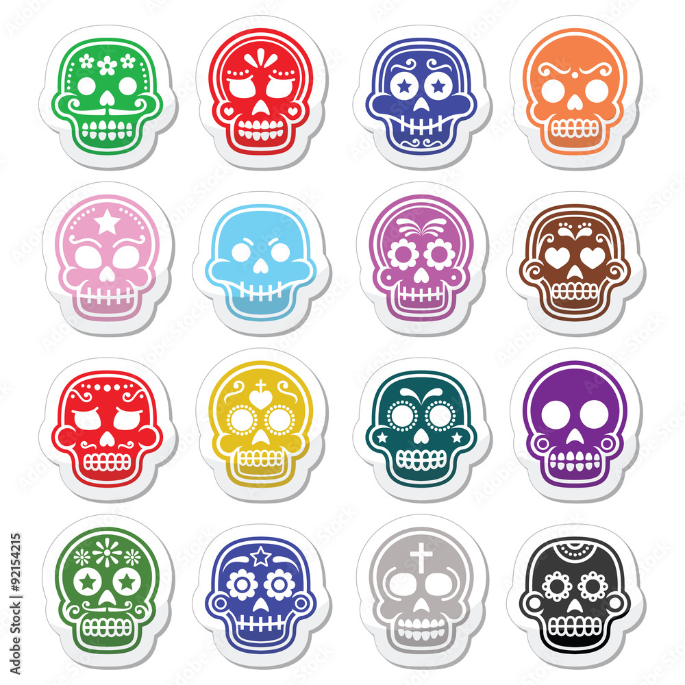 Halloween, Mexican sugar skull, Dia de los Muertos - cartoon icons Halloween, Mexican sugar skull, Dia de los Muertos - cartoon icons