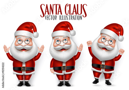 Set of 3D Realistic Santa Claus Cartoon Character for Christmas Saying Hello Isolated in White Background. Vector Illustration

