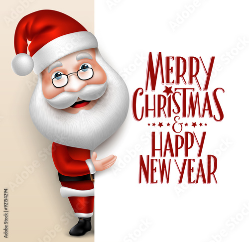 3D Realistic Santa Claus Cartoon Character Showing  Merry Christmas Tittle Written  in Blank Space. Vector Illustration
