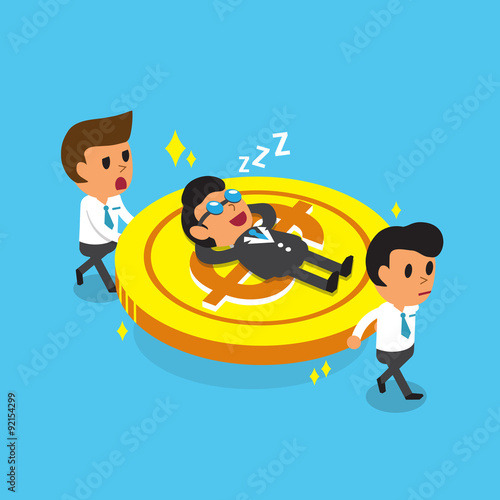 Cartoon business team carrying big coin but business boss fall asleep