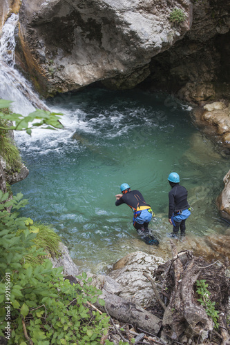 22.8.2015, Tscheppaschlucht, Austria, A river search and rescue team on duty in river pool under waterfall in National park
