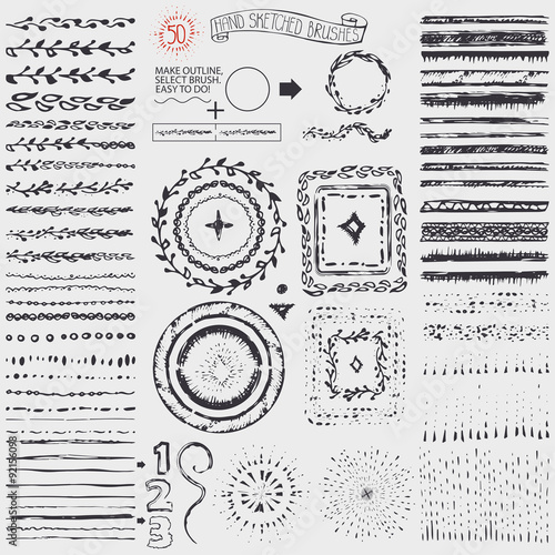 Doodle pattern brushes,wreath,frame,burst.Black