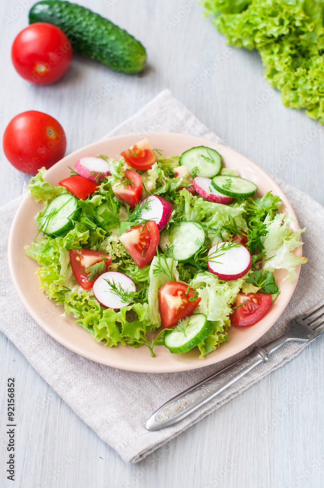 Tomato and cucumber salad with lettuce leafes Tomato and cucumber salad with lettuce leafes