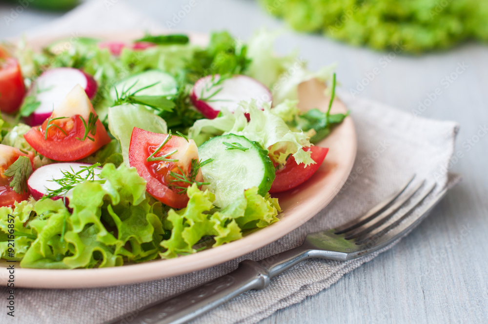 Tomato and cucumber salad with lettuce leafes Tomato and cucumber salad with lettuce leafes