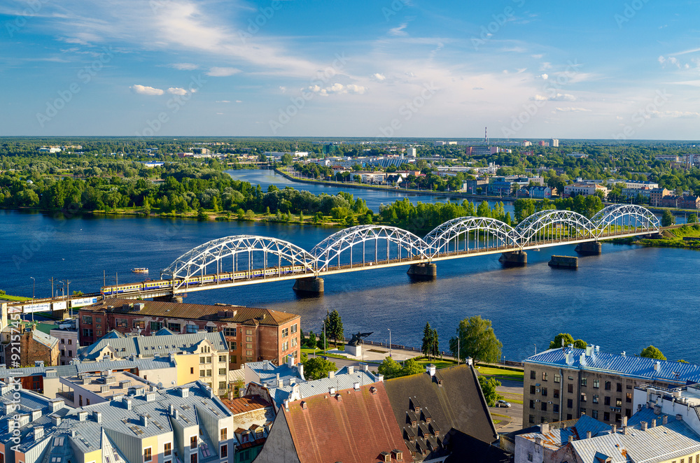 Fototapeta premium Railway bridge over the Daugava river in Riga
