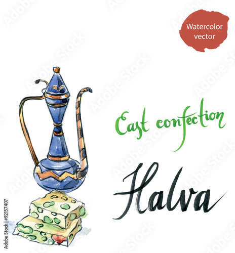 Watercolor sliced halva with green pistachio, pitcher