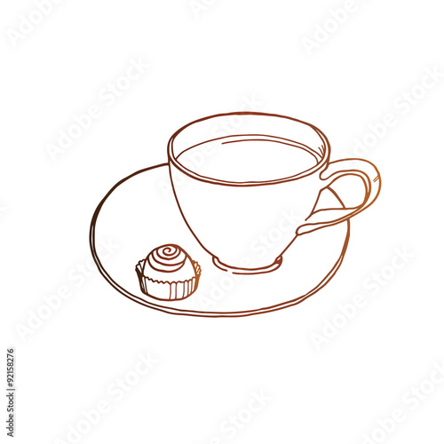 Coffee cup with candy at saucer vector sketch
