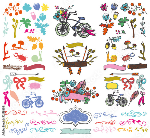 Doodle floral group,hand sketch rustic colored elements kit