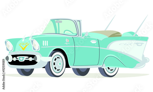 Caricatura Chevrolet BelAir 1957 convertible abierto aguamarina vista frontal y lateral