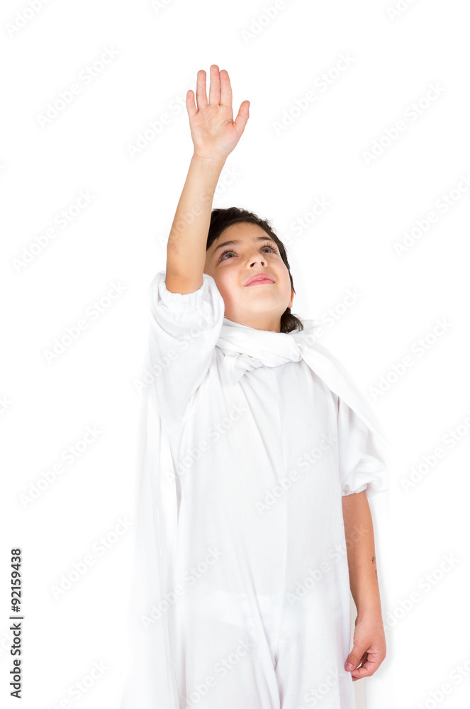 Small boy wearing all white clothing and dark hair holding right Small boy wearing all white clothing and dark hair holding right
