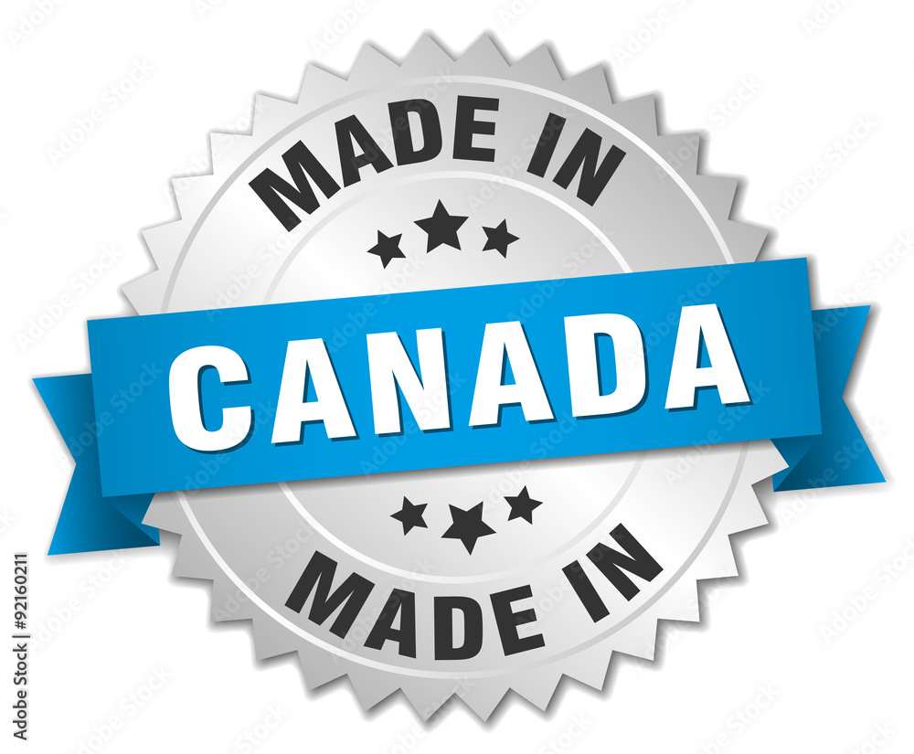 made in Canada silver badge with blue ribbon made in Canada silver badge with blue ribbon