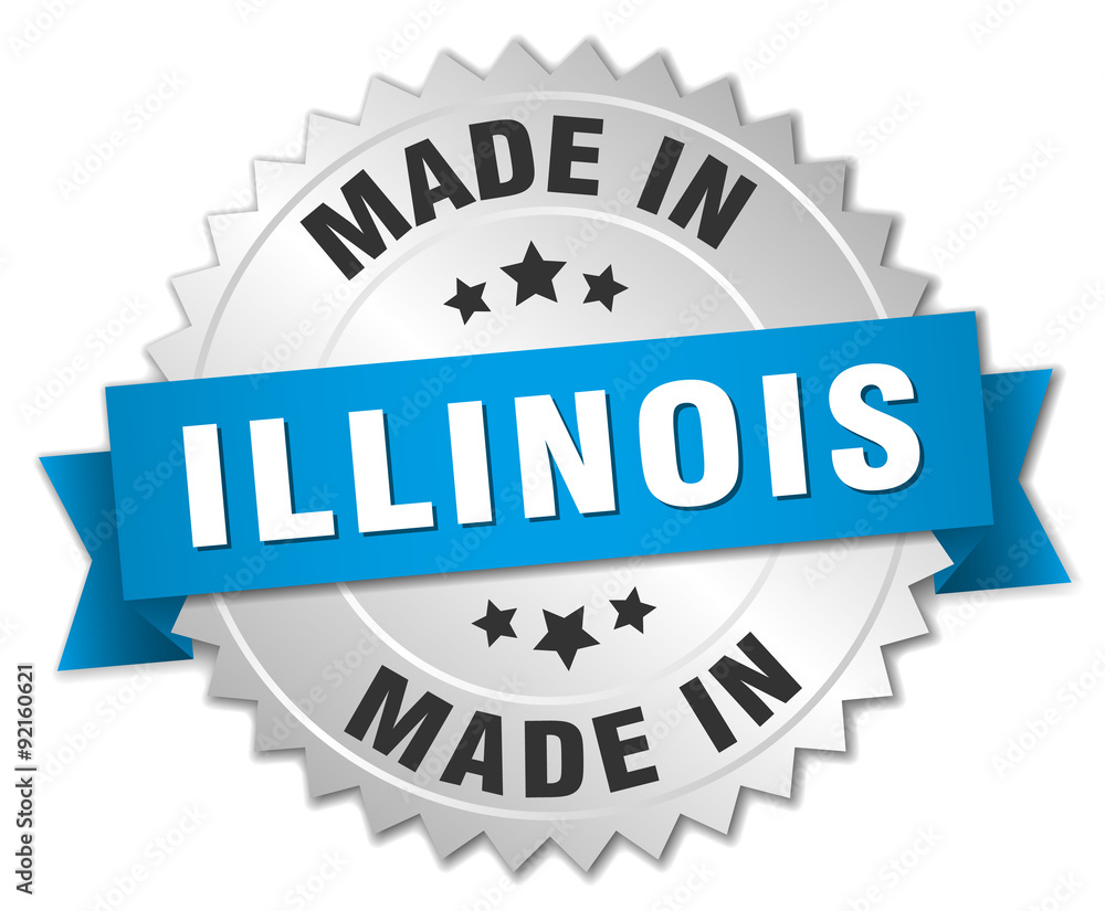 made in Illinois silver badge with blue ribbon made in Illinois silver badge with blue ribbon