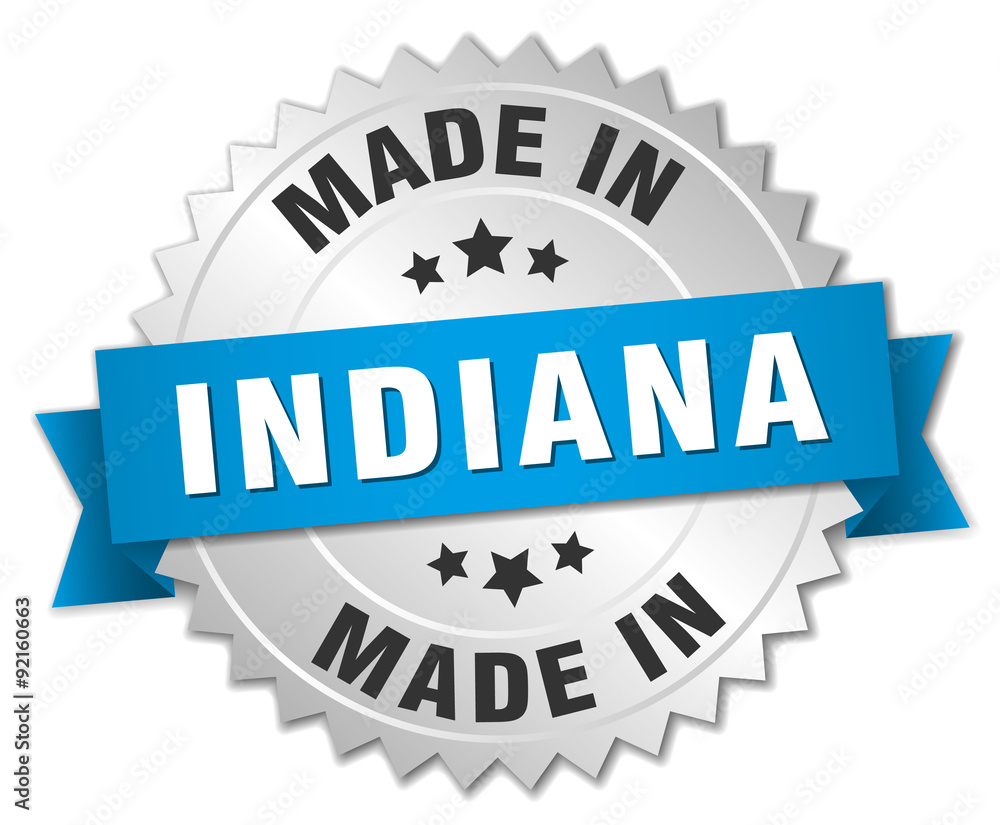 made in Indiana silver badge with blue ribbon made in Indiana silver badge with blue ribbon