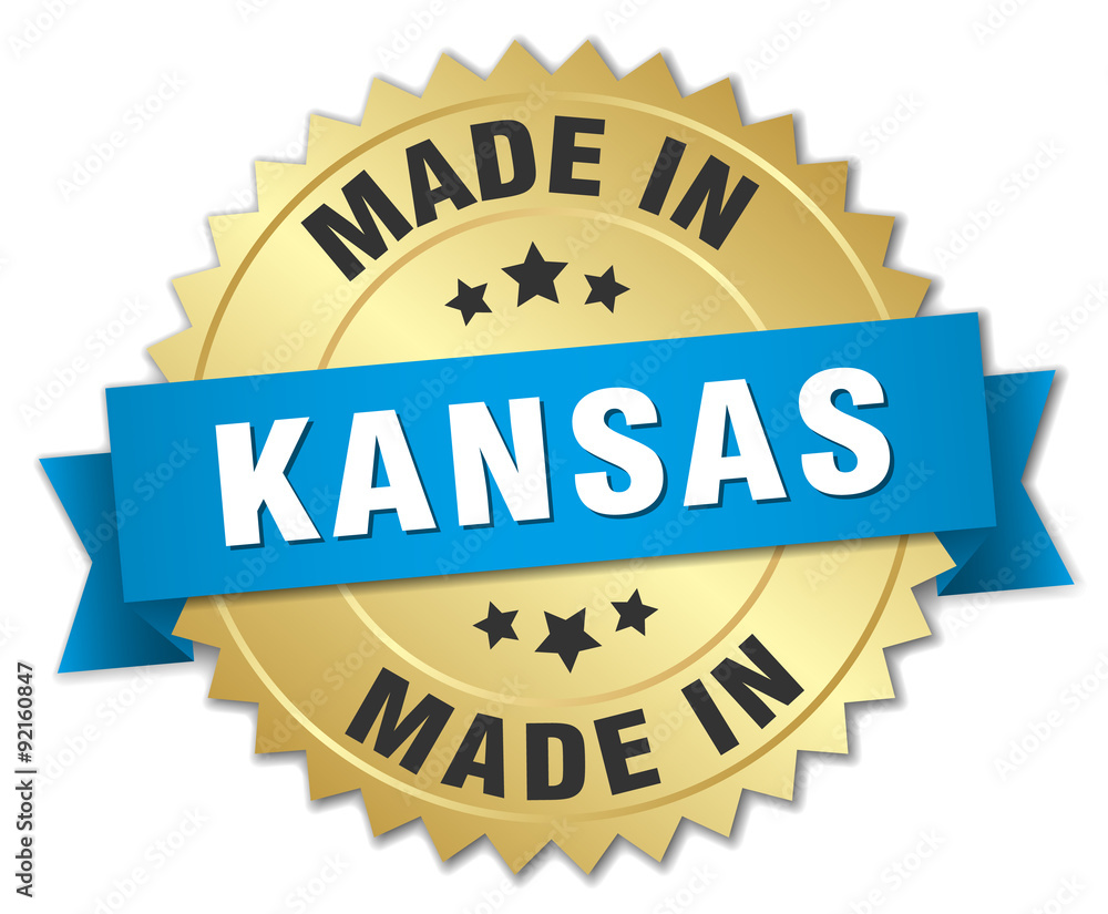 made in Kansas gold badge with blue ribbon