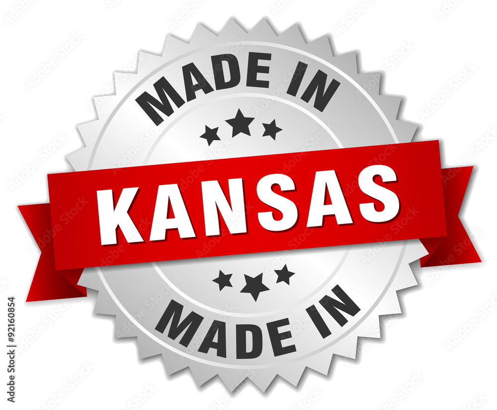 made in Kansas silver badge with red ribbon