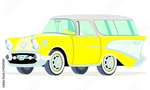 Caricatura Chevrolet BelAir 1957 Nomad amarillo vista frontal y lateral
