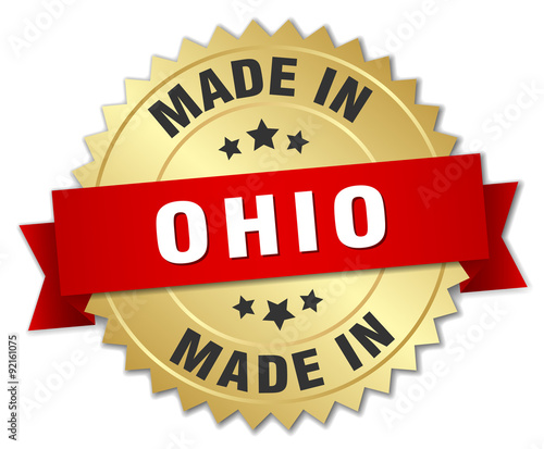 made in Ohio gold badge with red ribbon