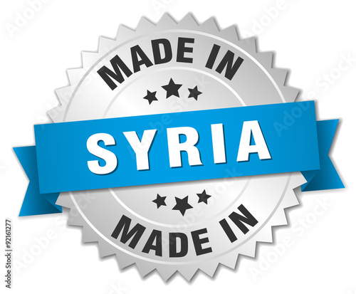 made in Syria silver badge with blue ribbon