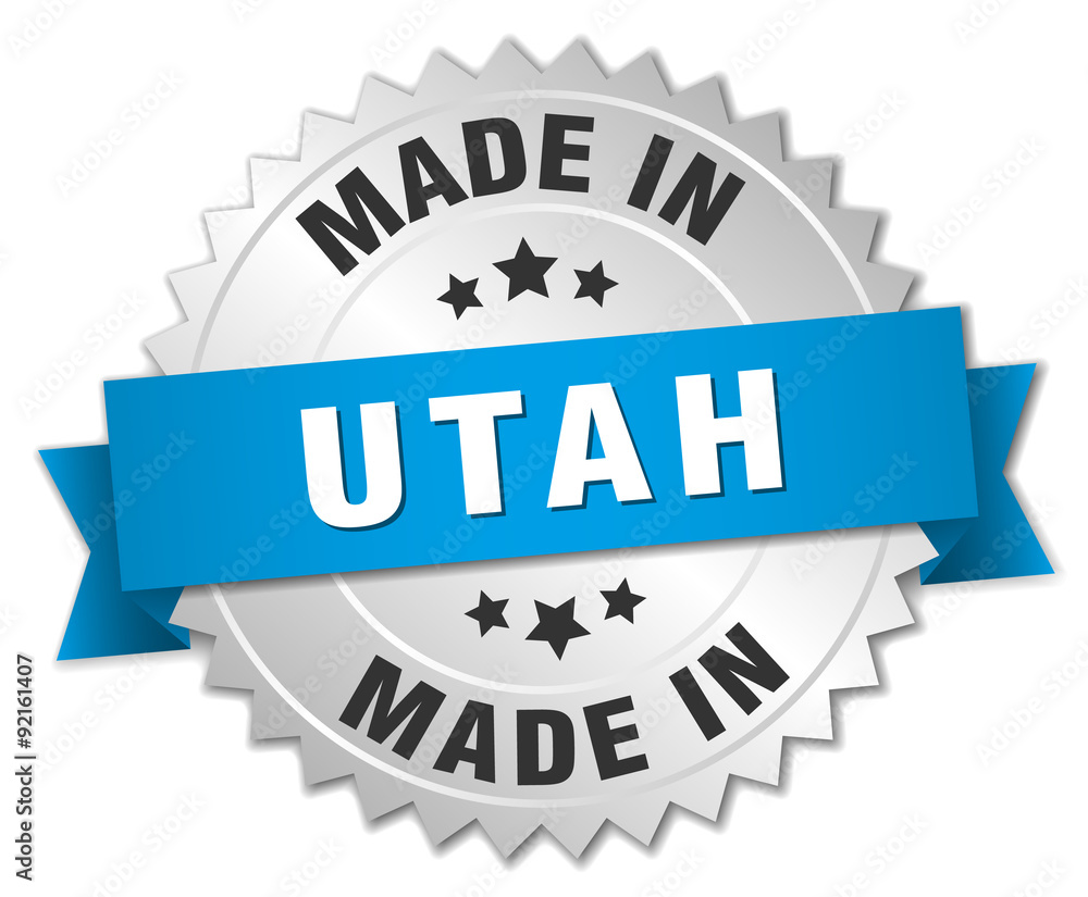 made in Utah silver badge with blue ribbon made in Utah silver badge with blue ribbon
