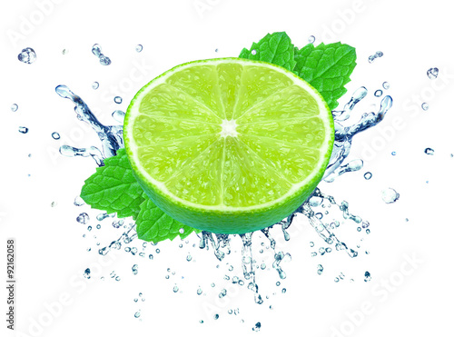 lime splash and mint isolated on white background 