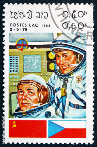 Postage stamp Laos 1983 Cosmonauts and Flags of USSR and Czechos