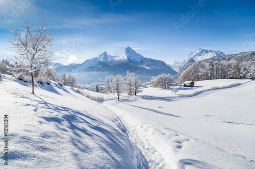 Winter wonderland with trail in the Alps