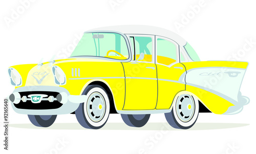 Caricatura Chevrolet BelAir 1957 sedan amarillo vista frontal y lateral