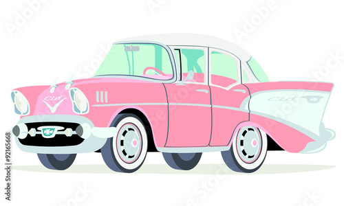 Caricatura Chevrolet BelAir 1957 sedan rosado vista frontal y lateral