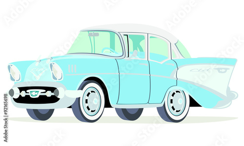 Caricatura Chevrolet BelAir 1957 sedan azul vista frontal y lateral
