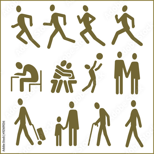 Human figures, 12 pictograms. Monochrome flat vector design.