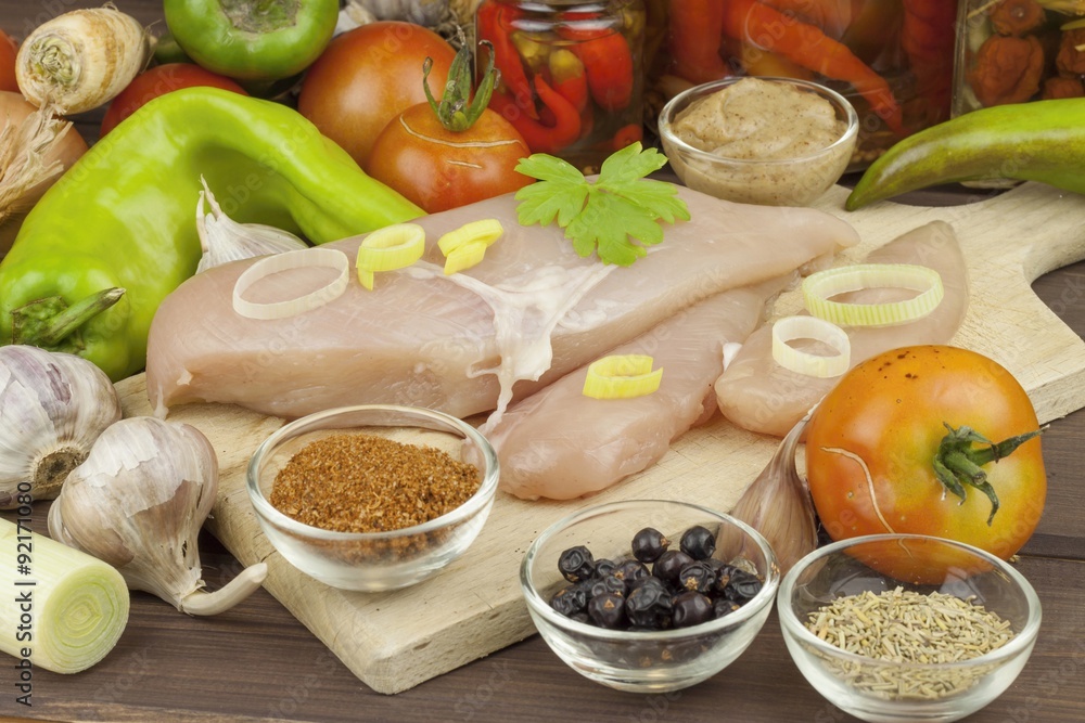 Preparing Diet food. Fresh raw chicken fillet and vegetables prepared for cooking. Fresh raw chicken breasts. Preparing chicken at a summer barbecue. Cooking with fresh dietary ingredients. Preparing Diet food. Fresh raw chicken fillet and vegetables prepared for cooking. Fresh raw chicken breasts. Preparing chicken at a summer barbecue. Cooking with fresh dietary ingredients.