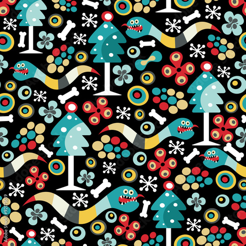 Seamless pattern with snake and Christmas tree.