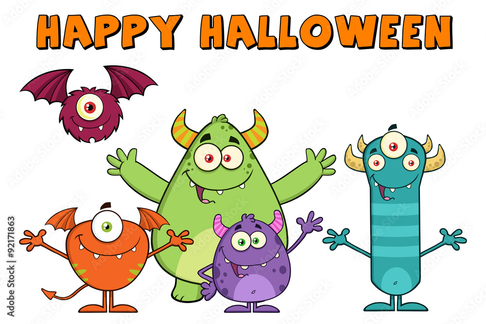 Funny Monsters Cartoon Characters With Happy Halloween Text Funny Monsters Cartoon Characters With Happy Halloween Text