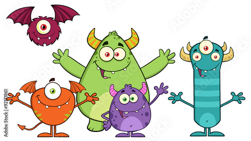 Happy Funny Monsters Cartoon Characters