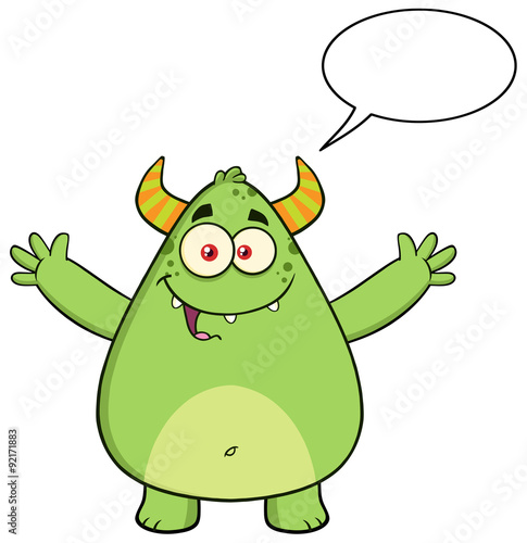 Funny Horned Green Monster Character With Welcoming Open Arms 