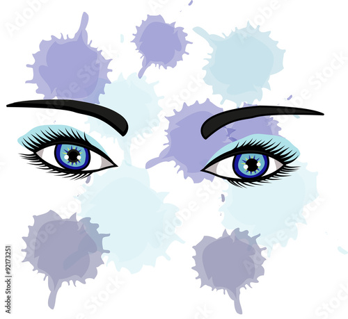 vector illustration of beautiful blue eyes on ink spots background