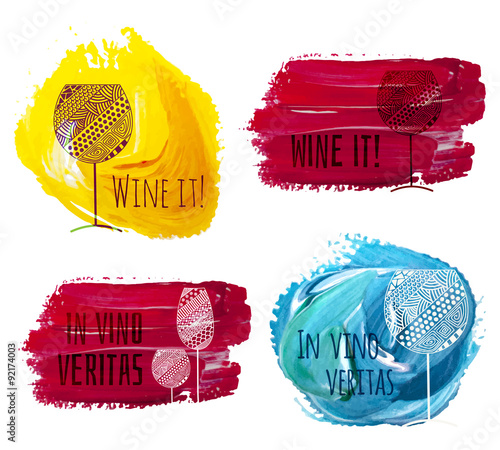 Vector set of stains with wine and champagne glasses made with vintage ornaments