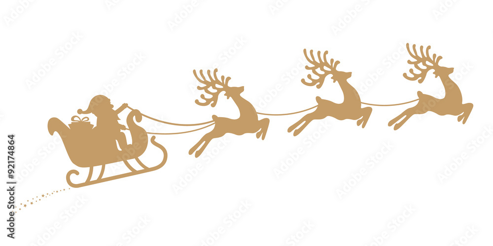 santa sleigh reindeer flying gold silhouette