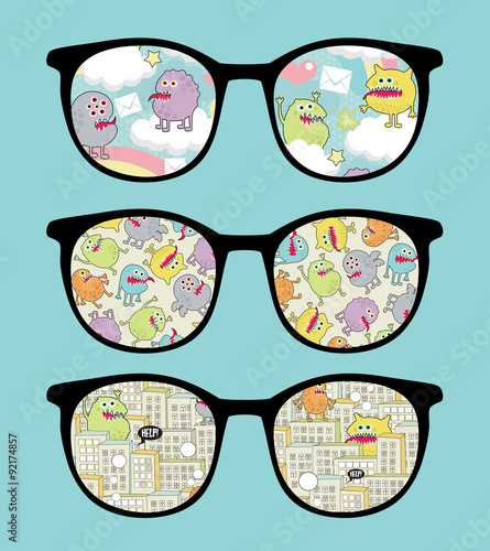 Retro sunglasses with sweet monsters reflection.