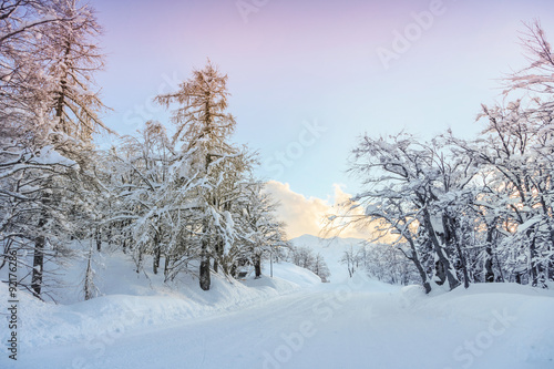 Snowy winter road in Julian Alps
