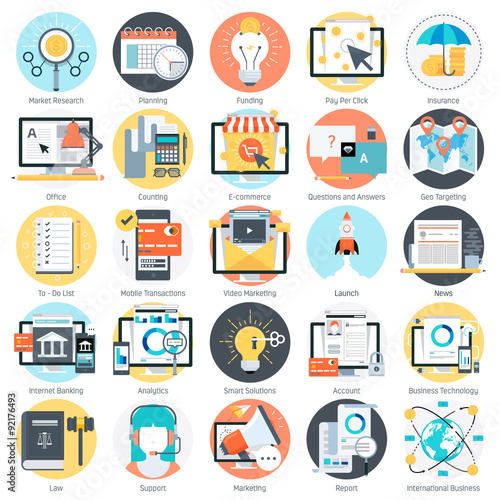 Business and finance theme, flat style, colorful, vector icon set for info graphics, websites, mobile and print media.