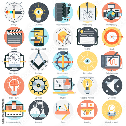 Design and production theme, flat style, colorful, vector icon s