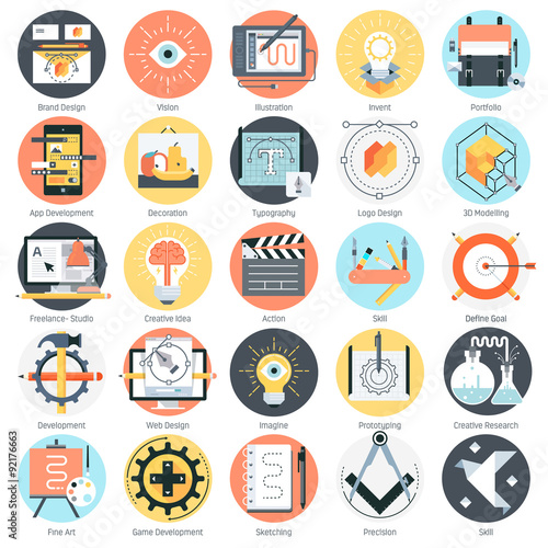 Creative design theme, flat style, colorful, vector icon set for