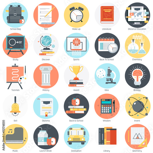 Education theme, flat style, colorful, vector icon set for info